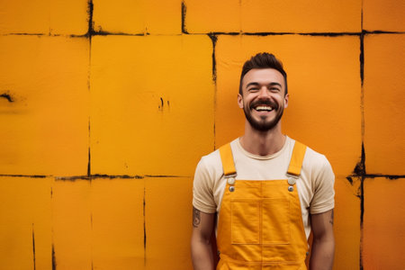 Positive trendy young adult belongs to youth subculture who have common clothes style and behaviour wears yellow vest has surprised happy look at camera poses against gra : Generative AIの素材
