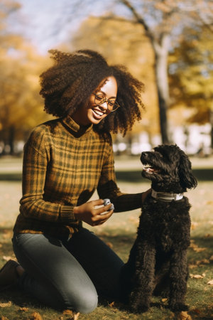 Pet adoption Cheerful Afro American woman with toothy smile holds white spitz works as volunteer finds shelter for animals wears yellow sweater Breed dog likes socializat : Generative AIの素材