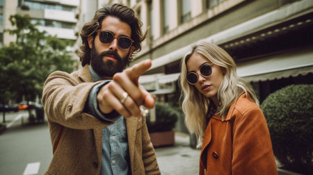 Joyful hipster couple in trendy clothing walking around during excursion in resort town watching local curiosities pretty girl taking pics using camera and bearded guy po : Generative AIの素材