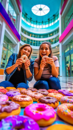 Junk food and unhealthy lifestyle concept Funny young women spend free time at home foolish around keep delicious sugary doughnuts over eyes surrounded by tasty fast food : Generative AIの素材