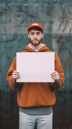 Nervous worried bearded ginger guy raises hand holds mobile phone wears red hat and white t shirt uses modern technology feels perpelexed and troubled checks bill list on : Generative AIの素材