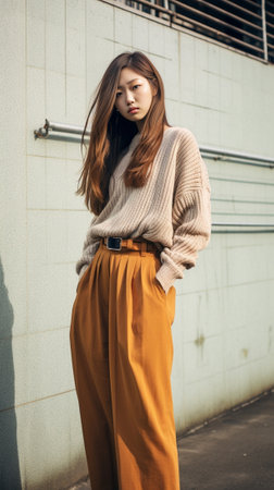 Horizontal shot of pretty brunette Japanese woman has long hair wears vivid orange warm sweater holds coffee to go imagines pleasant moment in life during break models ov : Generative AIの素材