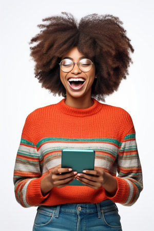 Happy surprised Afro American woman browses internet and networking in social media tests new application for smartphone wears casual jumper isolated over blue background : Generative AIの素材