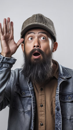 Nervous puzzled dark skinned bearded man points at you reproaches something has worried face expression dressed in casual t shirt and hat in one tone with background You  : Generative AIの素材
