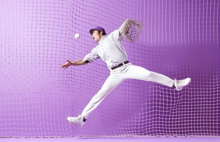 Happy young male engineer throws air plane wears protective headgear and formal suit has aim to develop his innovative project poses against purple wall with copy space P : Generative AIの素材