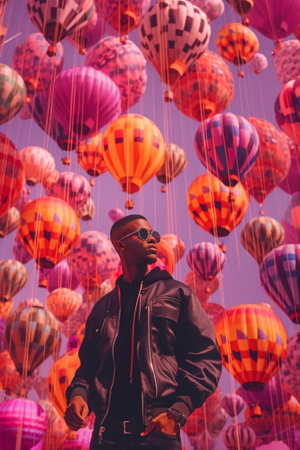 Photo of joyful black man raises clenched fist celebrates anniversary waits for guests dances with air balloon laughs sincerely dressed in purple jacket has festive mood  : Generative AIの素材