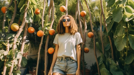 Outdoor summer shot of happy young Afro American hipster with backpack wearing hat and mirror sunglasses enjoying fresh ripe watermelon leaning back on palm tree standing : Generative AIの素材