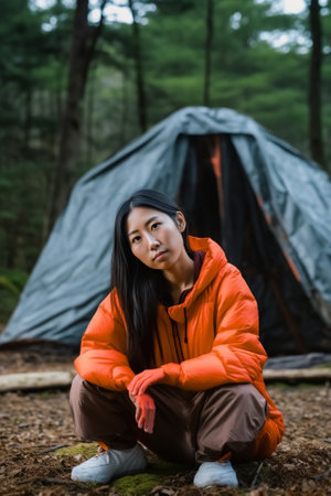 Outdoor shot of cheerful woman with dreamy expression warms during frosty weather wrapped in orange sleeping bag holds flask of hot drink at winter time People leisure an : Generative AIの素材