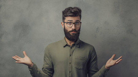 Maybe yes or no Doubtful bearded fashionable guy shrugs shoulders in bewilderment tries to make decision puzzled what he wants isolated over white concrete wall Hesitatio : Generative AIの素材