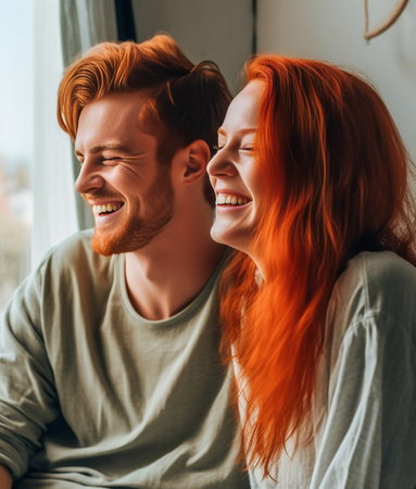 Pleased cheerful redhaired male with pleasant smile giggles joyfully spends free time with girlfriend being in high spirit shows white teeth happy to have romantic relati : Generative AIの素材