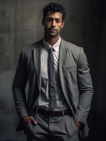 People and lifestyle Indoor shot of young confident darkskinned businessman dressed in gray formal suit looking serious posing against blank wall background with copy spa : Generative AIの素材