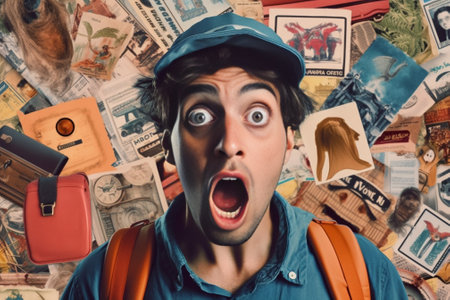 Photo of emotive surprised man shouts loudly keeps hand on head doesnt anticipate to receive ticket for journey abroad holds passport ready for boarding dressed in lifeja : Generative AIの素材