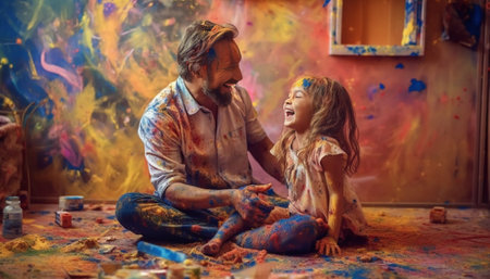 Shocked dad spends free time with daughters dressed in unicorn costume two children touch his face and dirty with colourful paints surprised to be in colors Father and li : Generative AIの素材