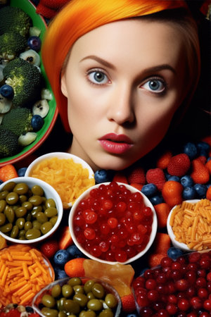 Serious lady with eastern appearance sticks face through raw pasta focused above has red tomatoes and basil leavev arranged over head poses in food background Ingredients : Generative AIの素材