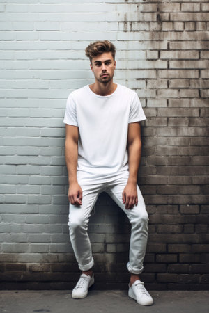 Handsome brunet male with trendy hairdo has muscular body wears caual white t shirt looks down as notices something on floor poses against concrete background Attractive  : Generative AIの素材
