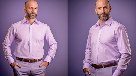 Self assured senior male entrepreneur gained much in life keeps arms folded wears elegant shirt and trousers looks directly at camera isolated over purple background Peop : Generative AIの素材