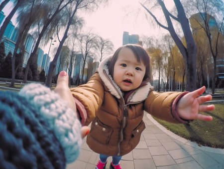 Portrait of young mother holding hands with her little son helping him going downstairs while walking in the park Happy family having fun together on sunny spring day pla : Generative AIの素材