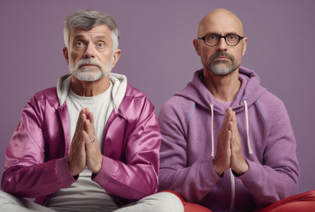 Mature and adult men have frightened expressions see something scary in front gesture with hands as try to defense wears round glasses stare with eyes popped out isolated : Generative AIの素材