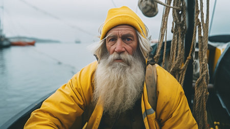 Strict bearded annoyed fisherman clenches fist angrily looks with frowned face uses fishing nets keeps smoking pipe in mouth wears yellow overalls poses against blue back : Generative AIの素材