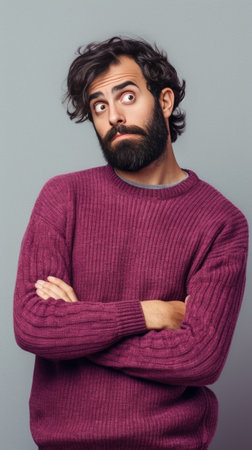 Low down voice Mysterious surprised bearded man makes hush gesture tells secret and whispers rumors asks not say anyone wears transparent glasses red sweater tells privat : Generative AIの素材