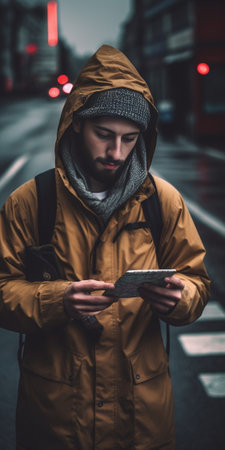 Portrait of young male traveller having cycle race holding modern smart phone in hands using navigator trying to find suitable way having doubtful expression while being  : Generative AIの素材