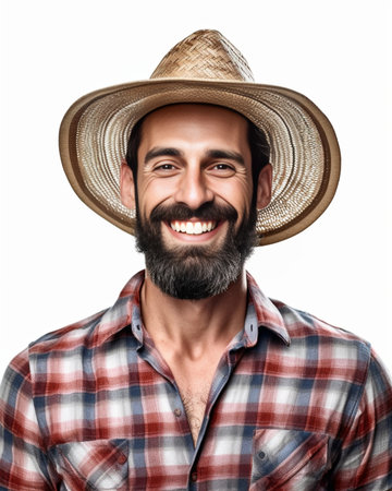 Photo of thoughtful male agricultural worker looks thoughtfully upwards has stubble wears straw hat denim shirt notices leaking ceiling isolated on white background copy  : Generative AIの素材
