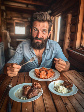 People lifestyle health and nutrition Handsome young bearded male eating healthy food with knife and fork during lunch break sitting at wooden cafe table with plate and m : Generative AIの素材