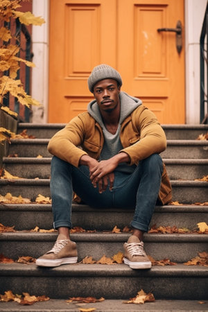 Photo of cheerful dark skinned youngster with crisp black hair smiles broadly dressed in casual vest and leggings sits at steps enjoys healthy lifestyle favourite sport g : Generative AIの素材