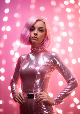 Candid shot of discontent adorable young woman decorated with spangles poses against pink background Body language artistic make up and beauty concept : Generative AIの素材