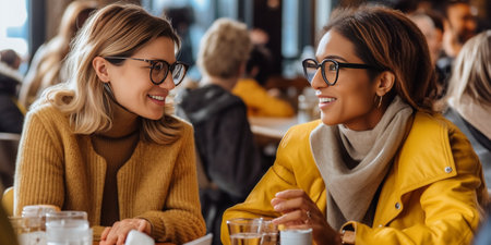 Pretty mixed race young woman in round spectacles and striped sailor sweater explains some information to female fellow collaborate for making common project sit near eac : Generative AIの素材