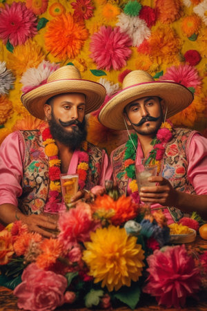 Studio shot of serious couple wears vivid makeup celebrate traditional mexican holiday wear wreath made of flowers come on costume party isolated over yellow background D : Generative AIの素材