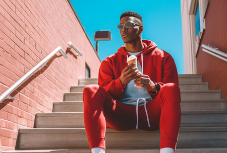 Portrait of handsome darkskinned young man in sunglasses drinking healthy juice or smoothie sitting against city park background relaxing outdoors listening to his favour : Generative AIの素材