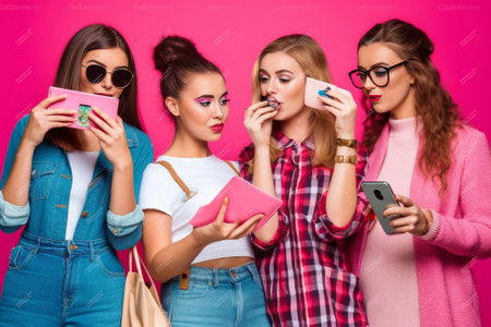 Positive cheerful women make grimace at camera of smartphone stick out tongue foolish around take selfie dressed in fashionable clothes isolated over pink background make : Generative AIの素材