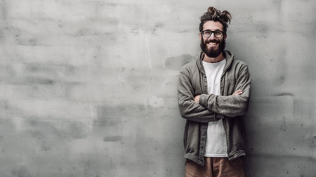 Stylish bearded male student wears round spectacles has trendy hairstyle looks confidently thinks about coming session isolated over white concrete background People and  : Generative AIの素材