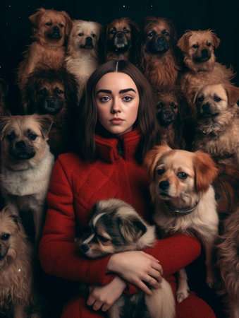 Surprised female model with pug dog dressed in warm clothes for animals as have walk outdoors during winter time stares bugged eyes at camera isolated over red background : Generative AIの素材