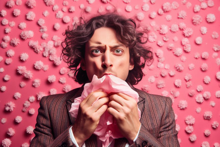 Portrait of allergic male sneezes all time rubs nose with handkerchief has sick look suffers from cold has displeased facial exression wears denim shirt isolated on pink  : Generative AIの素材