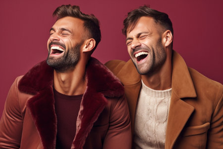Positive smiling men with thick beards trendy haircuts show direction while point upwards model together indoor against white background Advertisement friendship and rela : Generative AIの素材