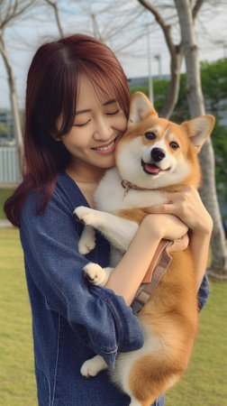Pets animals people concept Glad Asian woman poses with two small puppies likes shiba inu dogs smiles broadly gets good news from vet happy to have healthy pets Time to v : Generative AIの素材