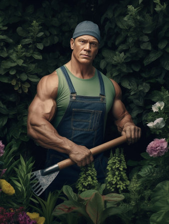 Puzzled unexperienced male florist cuts leaves of snake plant with gardening tool clenches teeth with worried expression wears special uniform stands against purple backg : Generative AIの素材