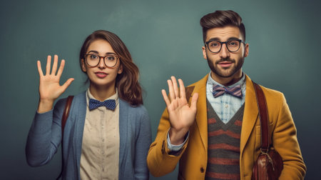 Five various young people express different emotions nervous nerd male cute female crosses fingers as hopes for good luck two positive women and bearded male begs for som : Generative AIの素材