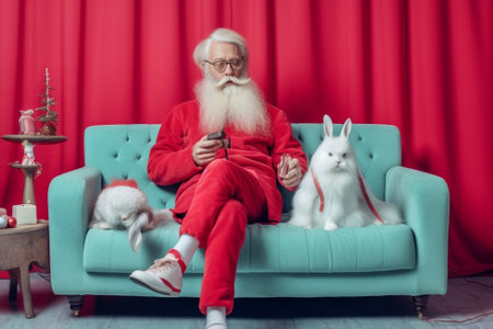 Positive bearded red haired man gives you small white fluffy bunny has happy festive mood before holiday prepares for Easter wears red jumper and rabbit ears isolated on  : Generative AIの素材