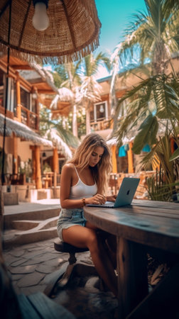 People holidays and lifestyle concept Happy female happy to read message from friend listens favourite song in earphones enjoys vacations in tropical country spends free  : Generative AIの素材