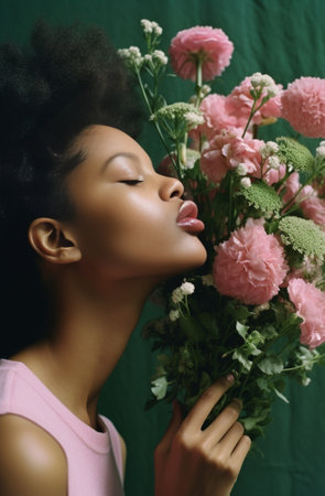 Displeased Afro American woman has curly hair with stuck camomile flowers holds nasal spray and napkin dressed in pink t shirt suffers from stuff nose and redness Allergy : Generative AIの素材