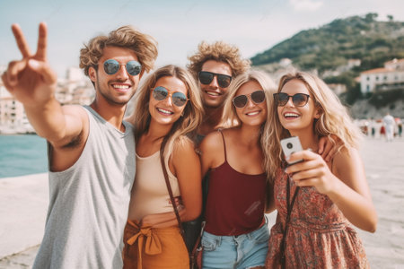 Photo of best friends recreat together during summer holidays share photos in social networks pose for making selfie hold fresh cocktails People vacation friendship and l : Generative AIの素材