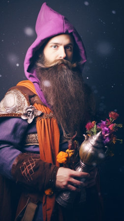 Serious bearded man looks scrupulously at something dirty holds detergent and magic wand ready to clean everything dressed in fairy outfit rosy background Cleaning servic : Generative AIの素材