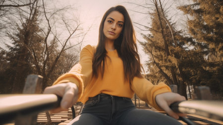 Pretty woman makes selfie photo via smartphone sits outside with longboard has video call dressed in casual clothes being in city enjoys weekend time and skateboarding Mo : Generative AIの素材