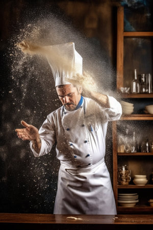 Professional male cook with dark skin wears apron sprinkles dough with flour preapares or bakes bread at kitchen table has dirty uniform isolated over black chalk backgro : Generative AIの素材