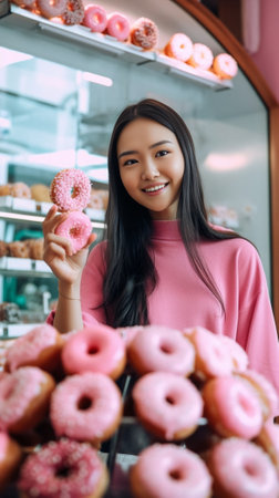 Indoor shot of pleasant looking young woman has long dark hair carries delicious snack near chest looks with eyes popped out models over pink studio wall Positive girl wi : Generative AIの素材