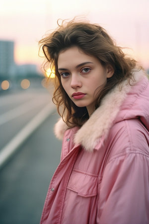 Pensive good looking young woman with curly hair looks thoughtfully aside dressed in fashionable pink coat concentrated away poses against blue background thinks where be : Generative AIの素材
