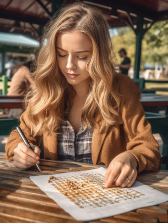 Smart blonde pretty female student wears denim jacket writes down something in papers prepares project work drinks coffee from paper cup and her groupmates talk with each : Generative AIの素材